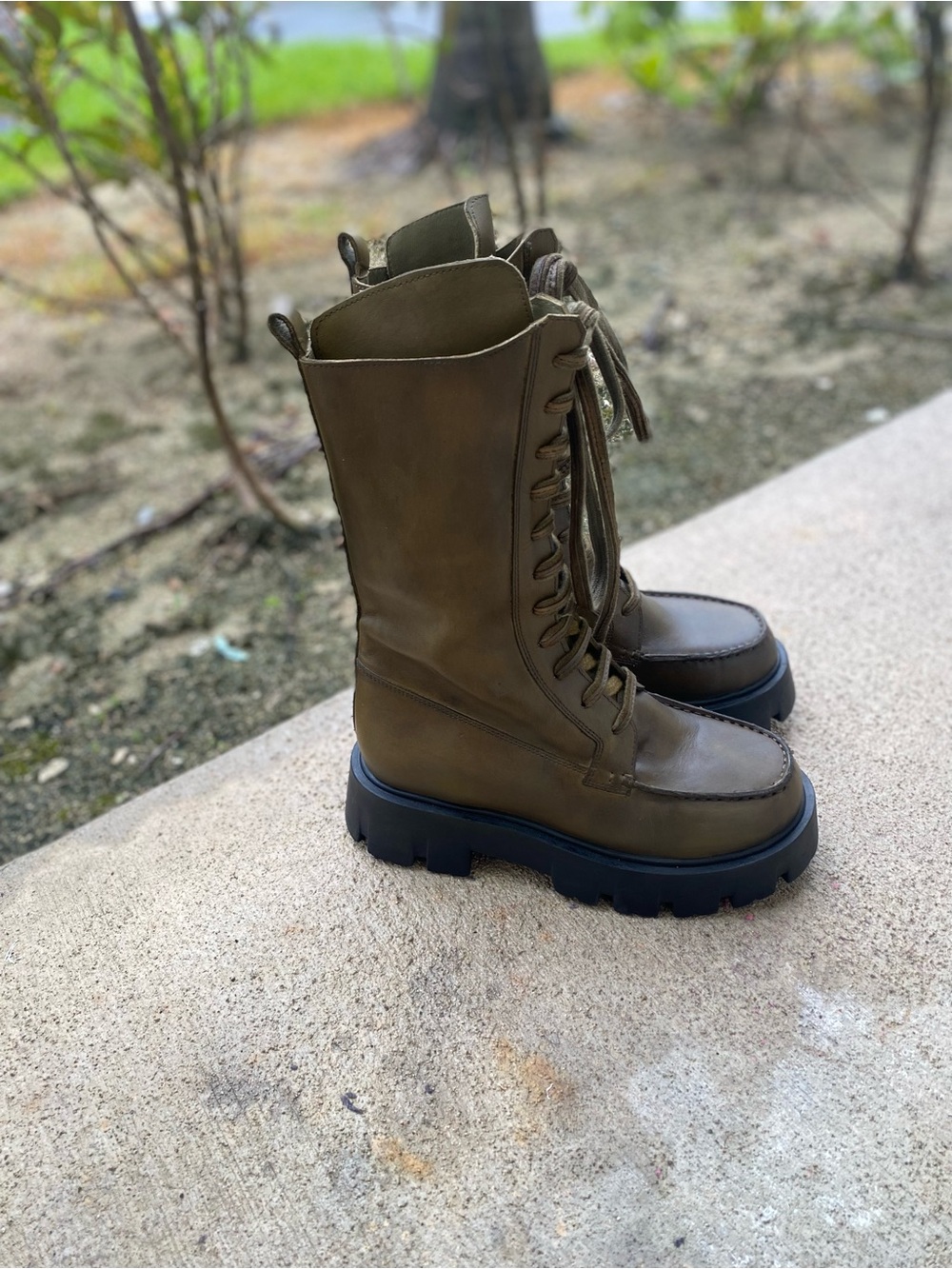 Free People Olive Green Lace-Up Combat Boots with Chunky Black Lug Sole